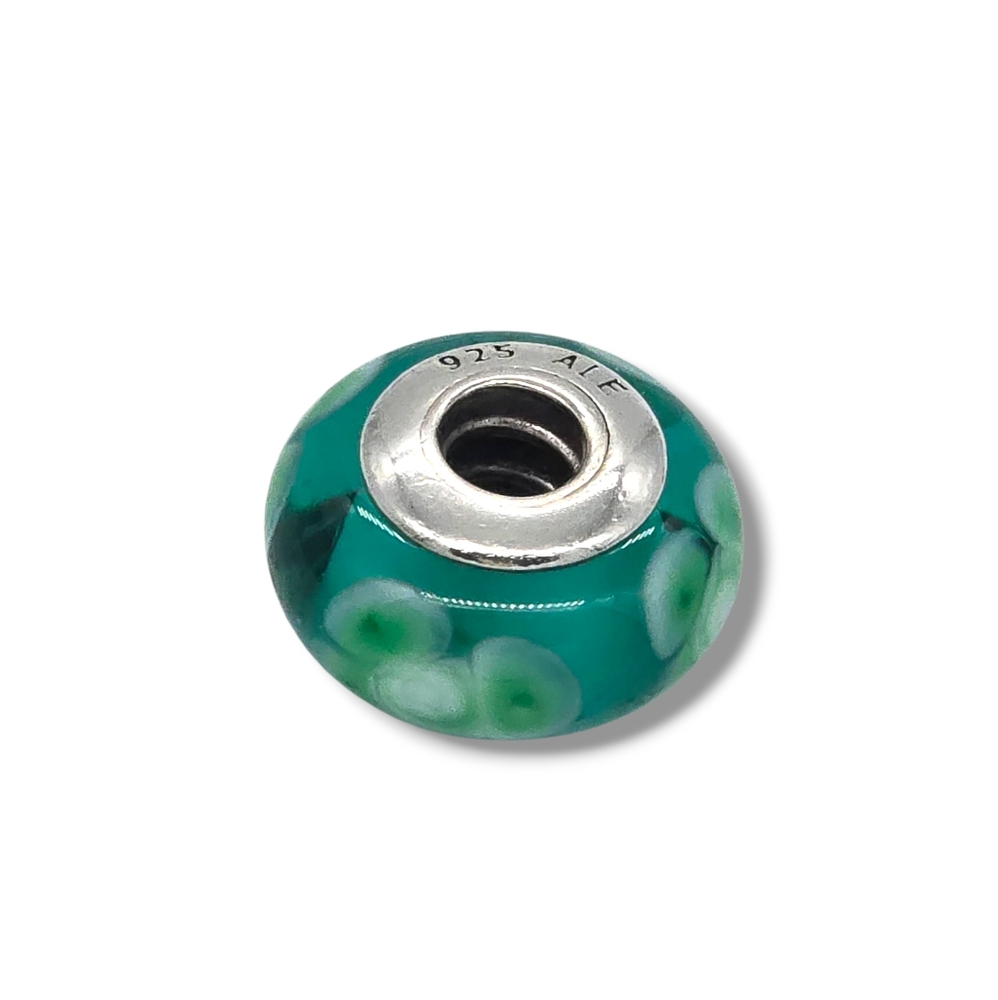 PANDORA Flowers For You Turquoise Green Murano Glass Bead Charm Retired - Picture 3 of 16